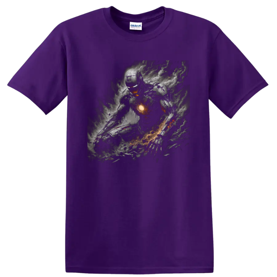 Iron Man armored battle art with glowing chest core, smoke, sparks, and debris on a Purple T Shirt