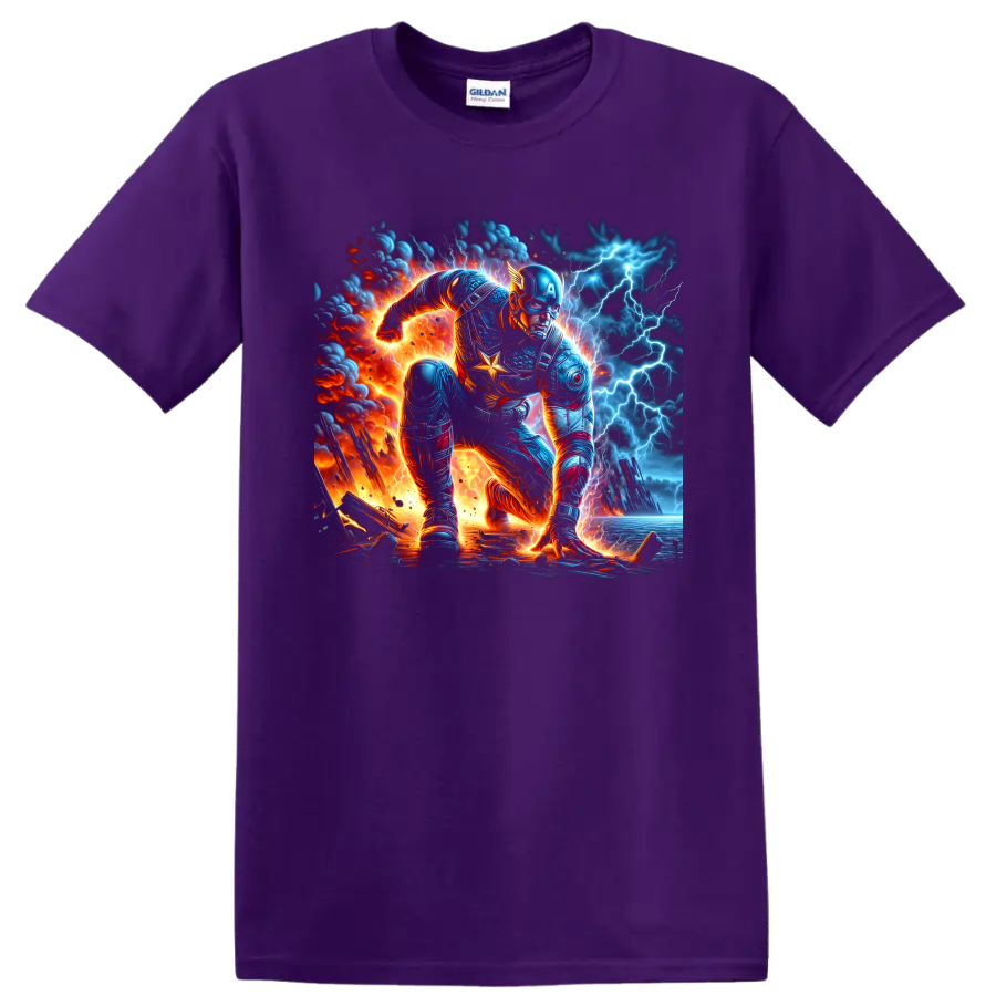 Captain America in a fiery lightning battle, detailed comic-inspired action art on a Purple T Shirt