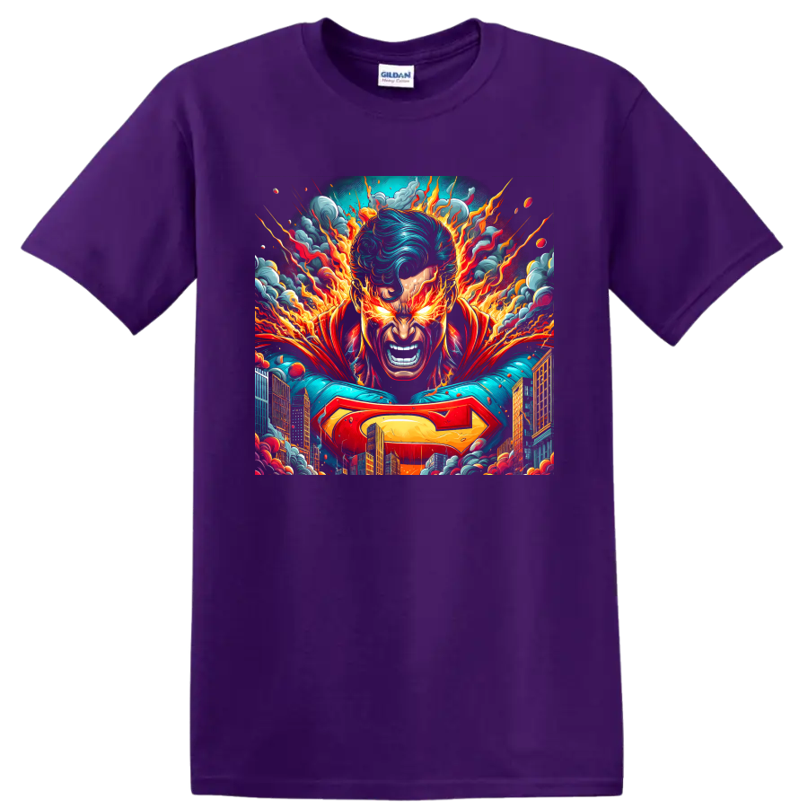 Superman fiery city hero portrait in explosive comic art on a Purple T Shirt