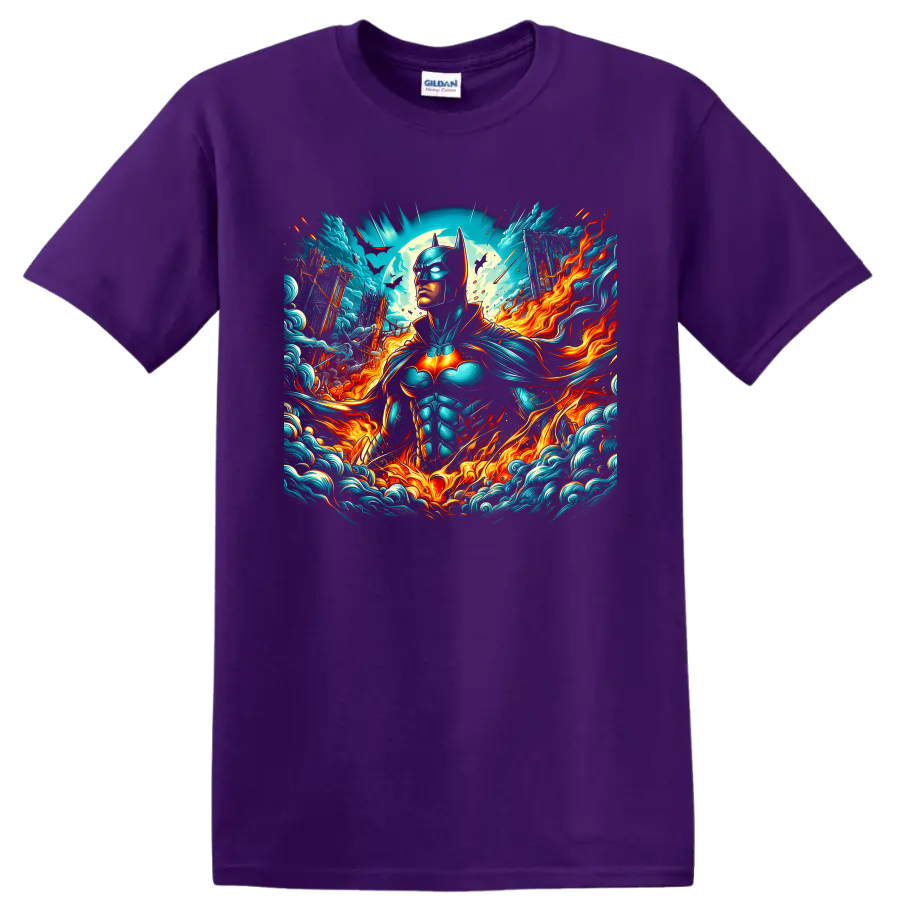 Batman fantasy-comic graphic with moon, bats, teal waves, and swirling fire on a Purple T Shirt