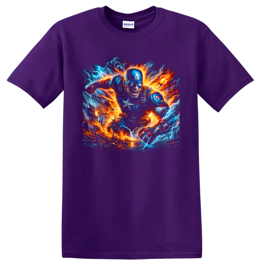 Captain America charging through lightning and fire in dynamic battle art on a Purple T Shirt