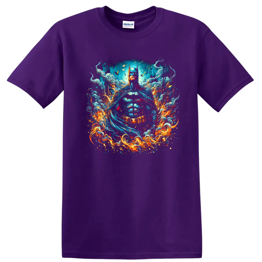 Batman in vibrant comic art with swirling waves, flames, and bat emblem on a Purple T Shirt