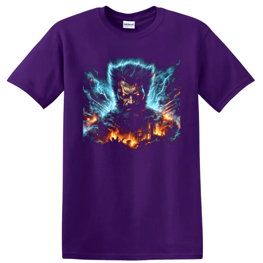 Wolverine portrait with metal claws, blue lightning, and fiery city comic art on a Purple T Shirt