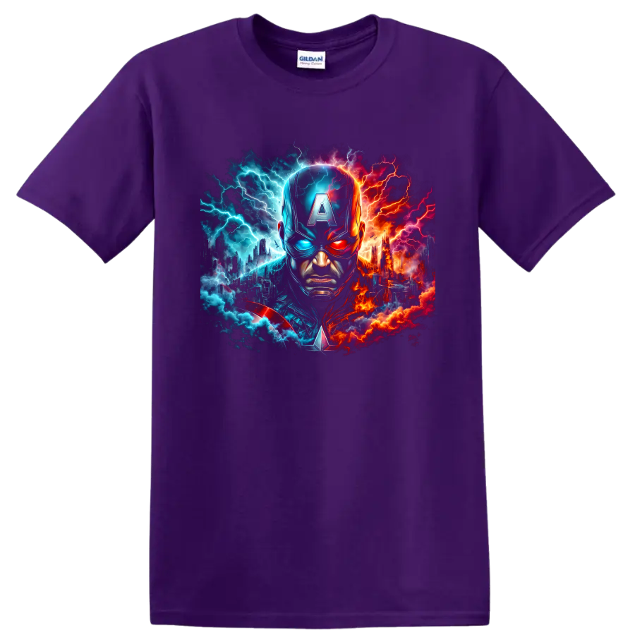 Captain America portrait with split blue and red lightning cityscape graphic on a Purple T Shirt