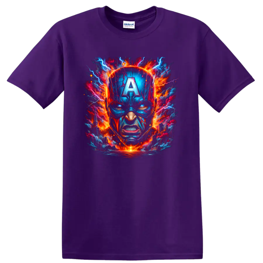 Captain America helmet portrait with electric lightning and fiery cityscape graphic art on a Purple T Shirt
