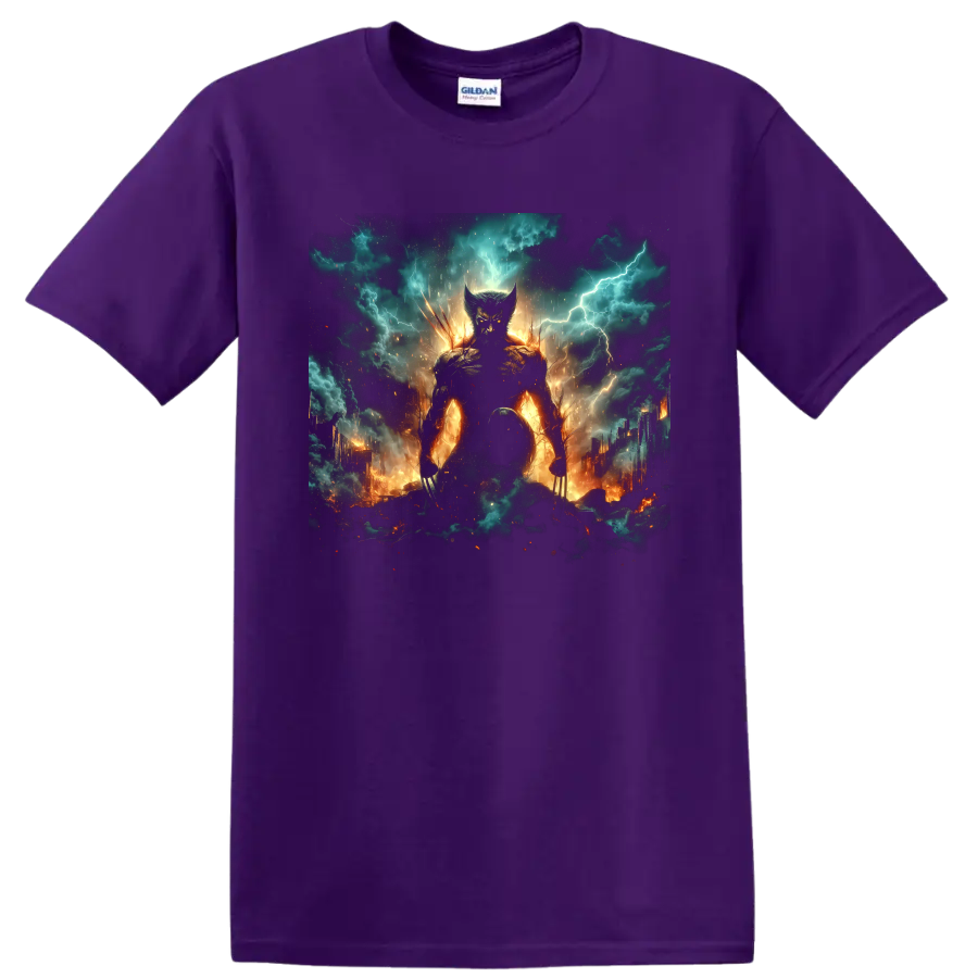 Wolverine clawed superhero in fiery storm battle graphic on a Purple T Shirt