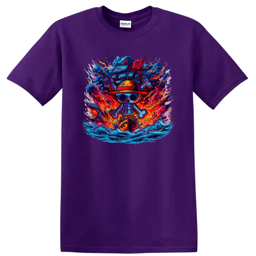 One Piece Straw Hat Pirates skull emblem with fiery ship, storm clouds, and ocean waves on a Purple T Shirt