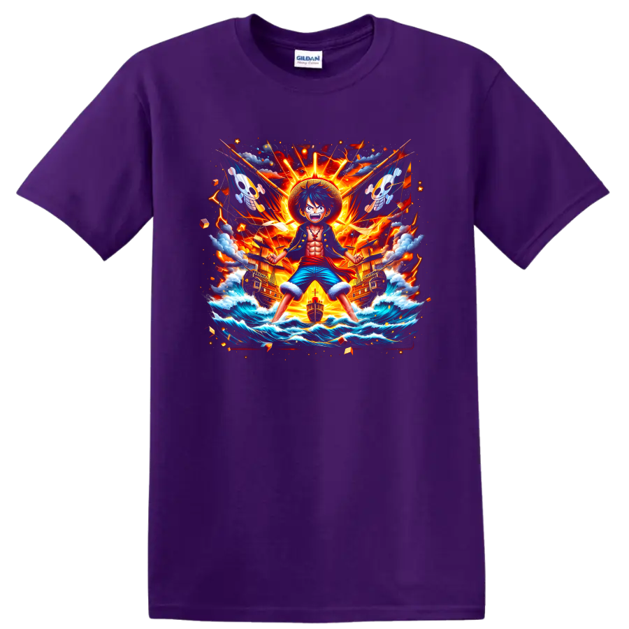 Monkey D. Luffy anime action art with pirate ships, ocean waves, lightning, and sunburst on a Purple T Shirt