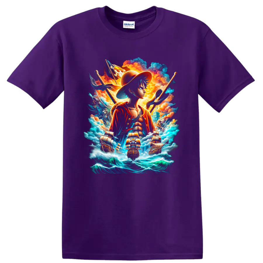 Monkey D. Luffy anime pirate artwork with ships, skull flag, clouds, and ocean waves on a Purple T Shirt