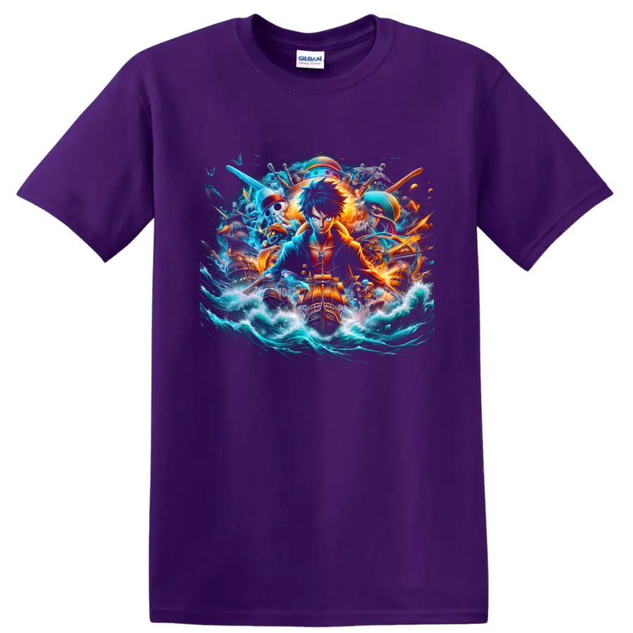 Monkey D. Luffy anime pirate adventure graphic with ships, waves, and glowing effects on a Purple T Shirt