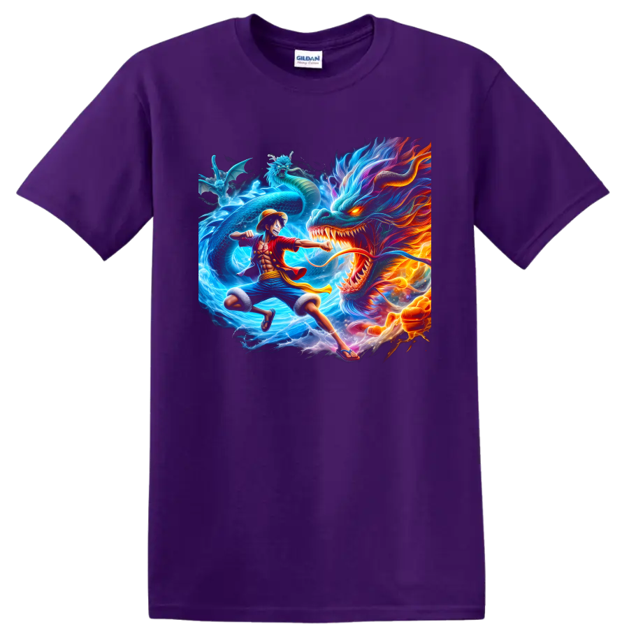 Monkey D. Luffy versus Kaido dragon battle in vivid One Piece anime art on a Purple T Shirt