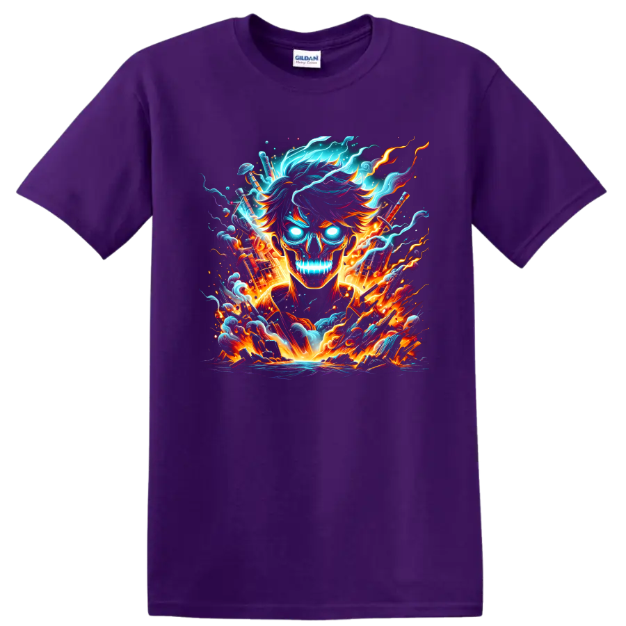 Satoru Gojo flaming skull with neon energy, crossed swords, smoke, and anime fire on a Purple T Shirt