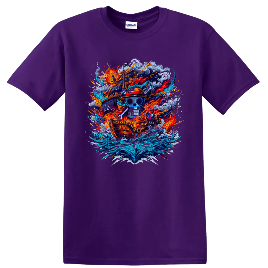 One Piece Straw Hat Pirates skull with fiery ship, storm clouds, and ocean waves on a Purple T Shirt