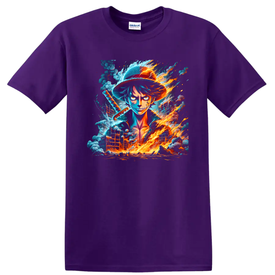 Monkey D. Luffy in a fiery blue anime warrior graphic with straw hat and sword on a Purple T Shirt