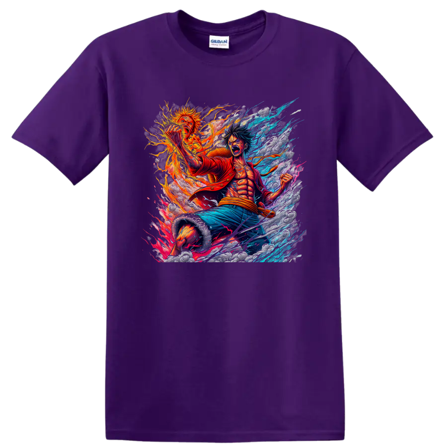 Monkey D. Luffy fiery One Piece anime action graphic with blue energy streaks on a Purple T Shirt