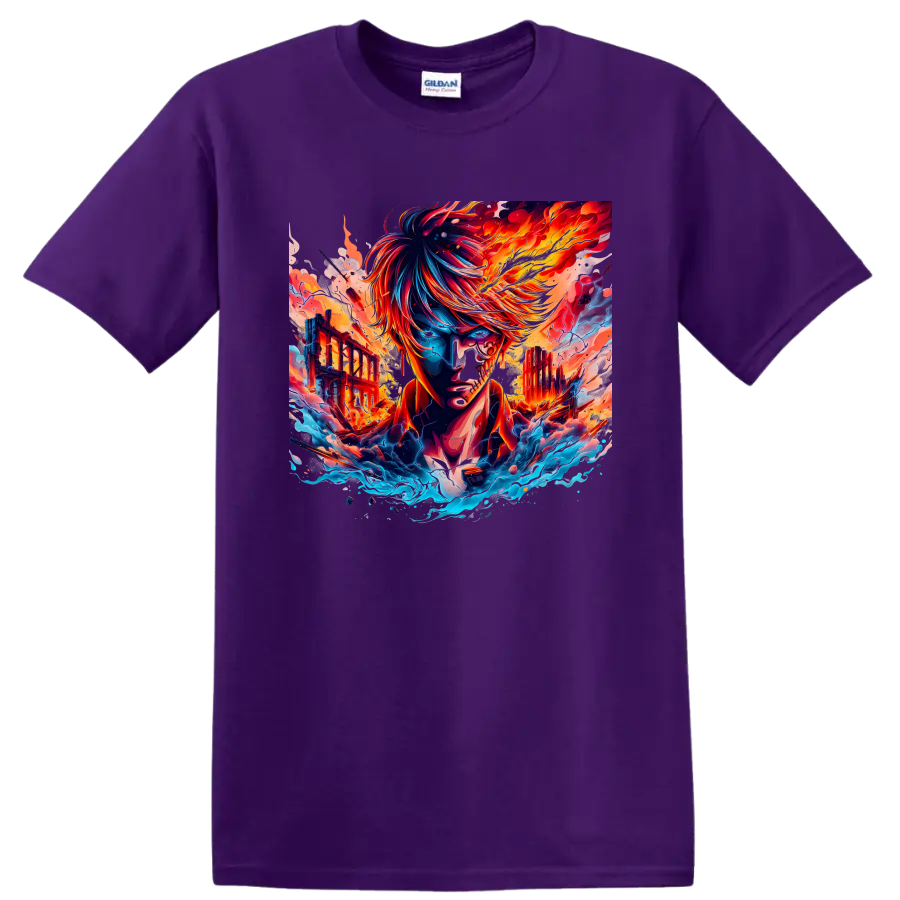 Sanji One Piece fiery anime warrior with flames, waves, and ruined city art on a Purple T Shirt