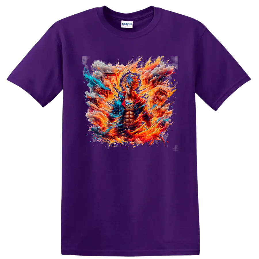 Sanji One Piece anime warrior graphic with flames, blue energy, smoke, and ruins on a Purple T Shirt