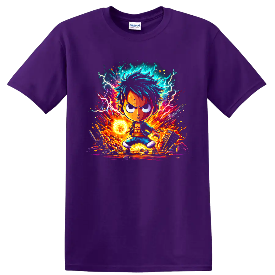 Monkey D. Luffy anime hero graphic with lightning, fire, glowing energy, and rubble on a Purple T Shirt