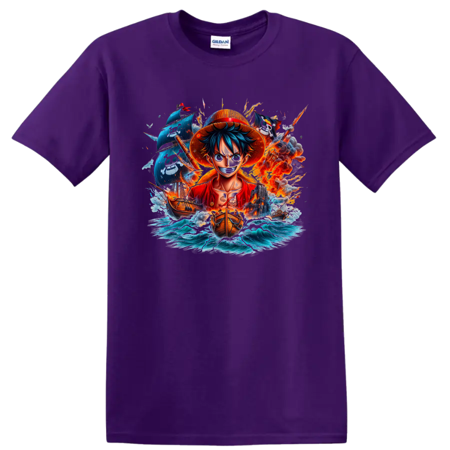 Monkey D. Luffy anime pirate graphic with ships, ocean waves, and fiery action on a Purple T Shirt