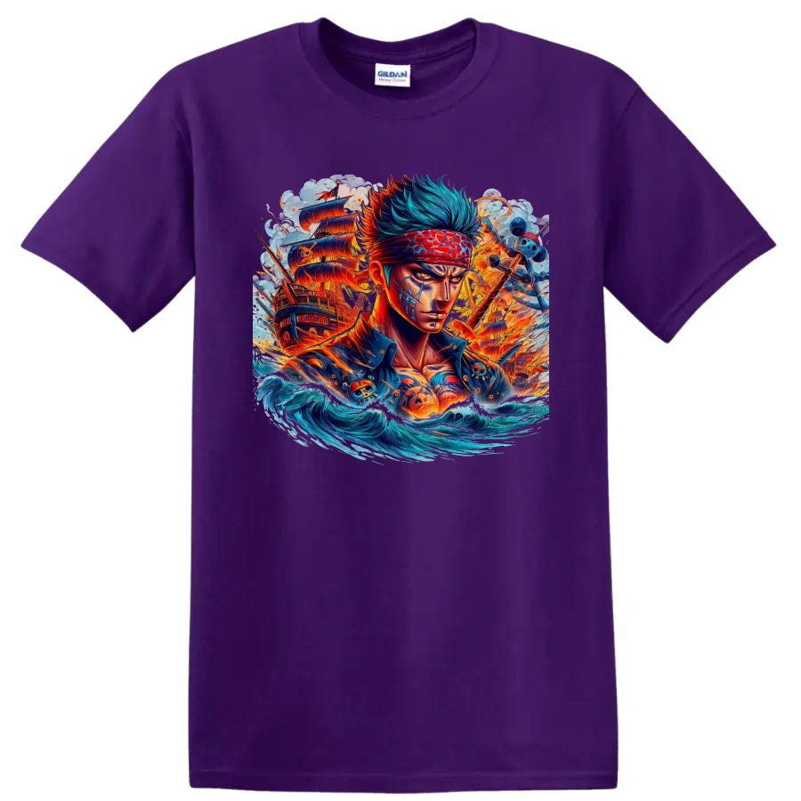 Roronoa Zoro anime pirate portrait with ships, crashing waves, and fiery energy on a Purple T Shirt