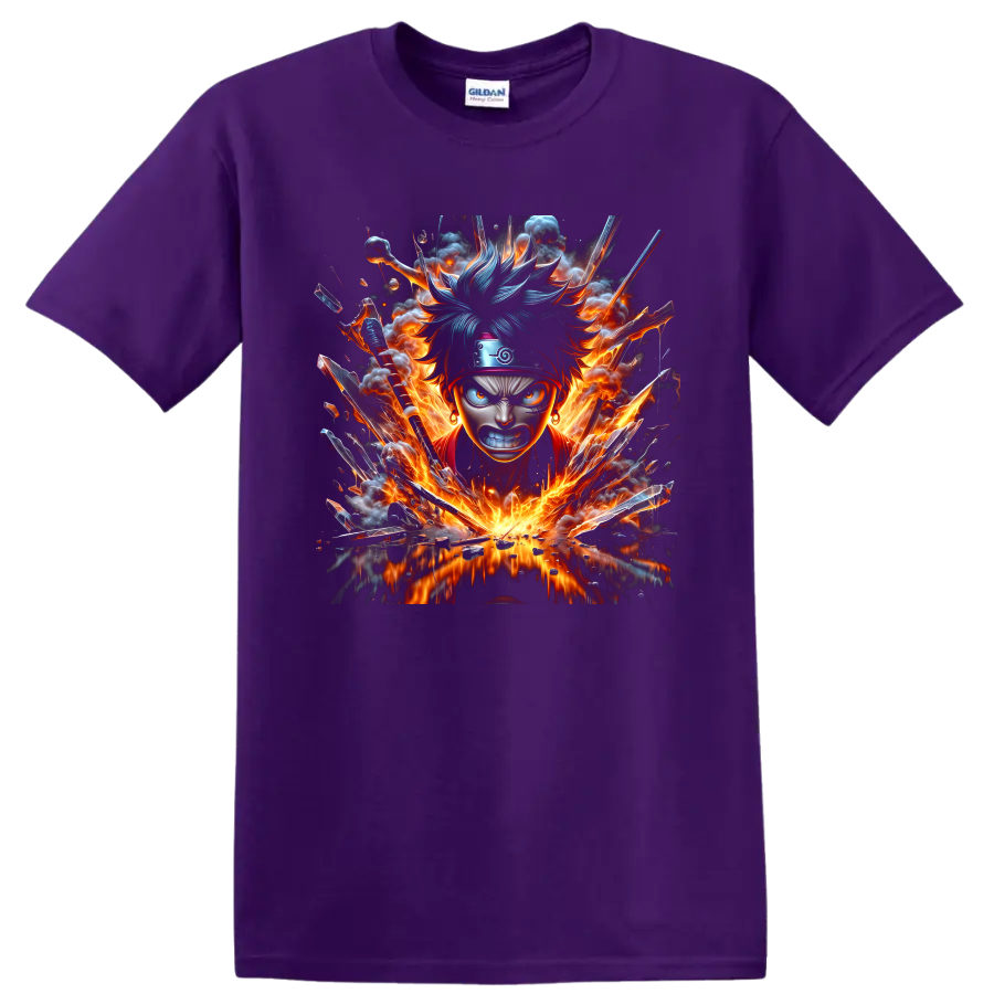 Naruto Uzumaki fiery anime ninja portrait with blue-toned hair and explosive battle art on a Purple T Shirt