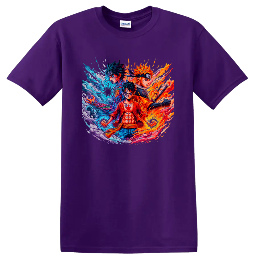 Monkey D. Luffy, Naruto Uzumaki and Sasuke Uchiha in fiery anime energy art on a Purple T Shirt