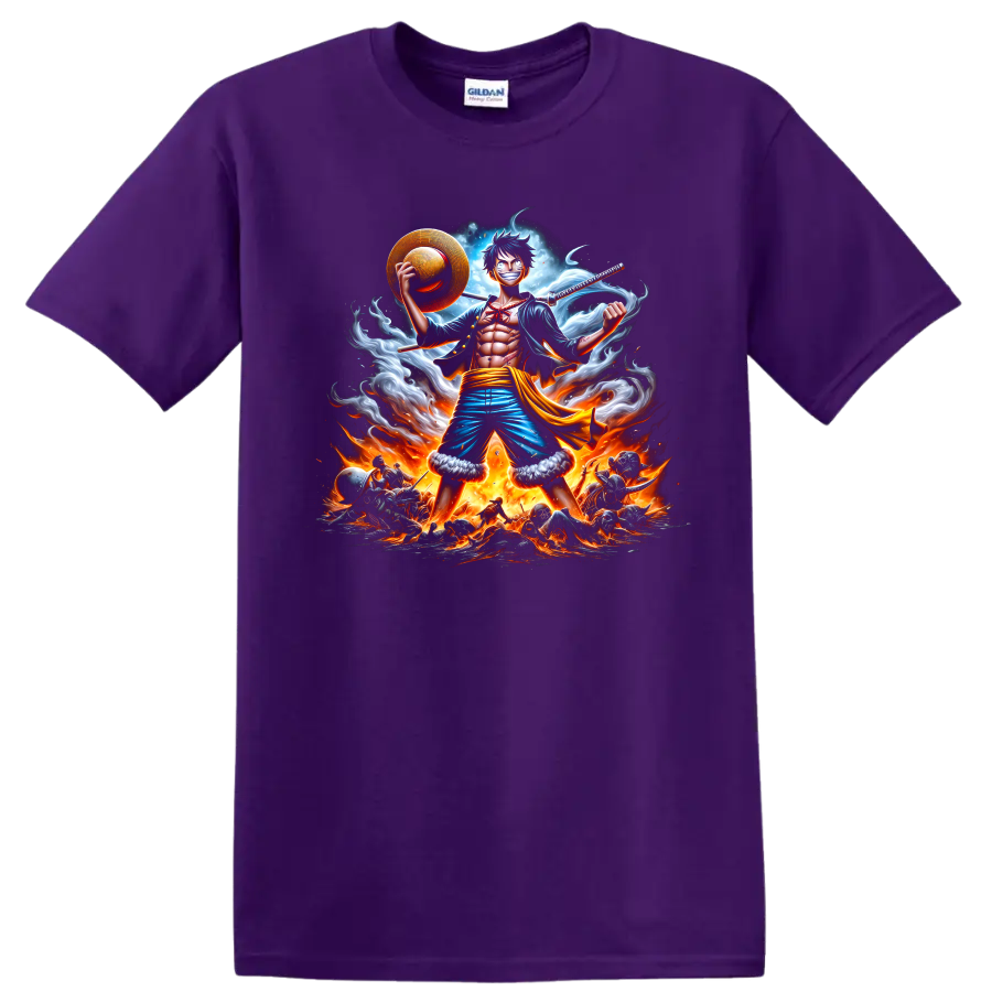 Monkey D. Luffy Gear 5 anime battle art with straw hat, sword, smoke, and flames on a Purple T Shirt