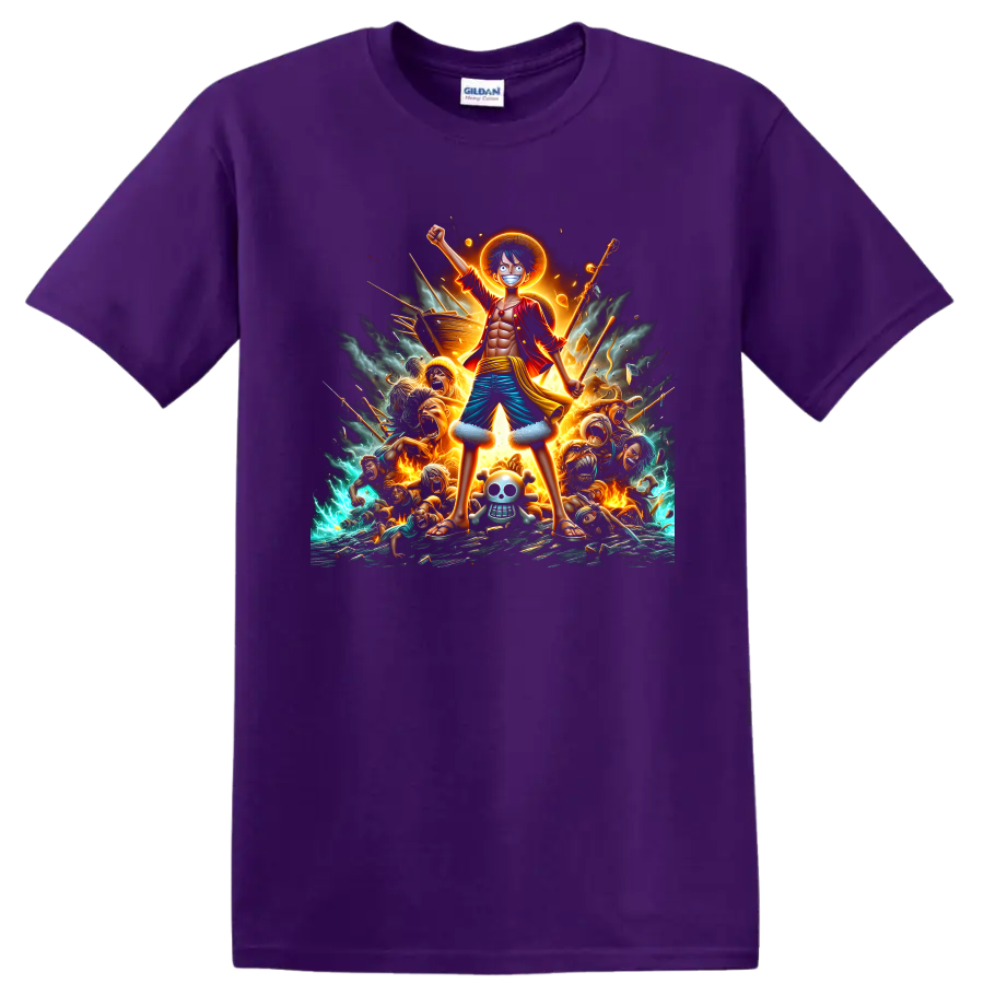 Monkey D. Luffy with a sun halo in a fiery pirate battle anime graphic on a Purple T Shirt