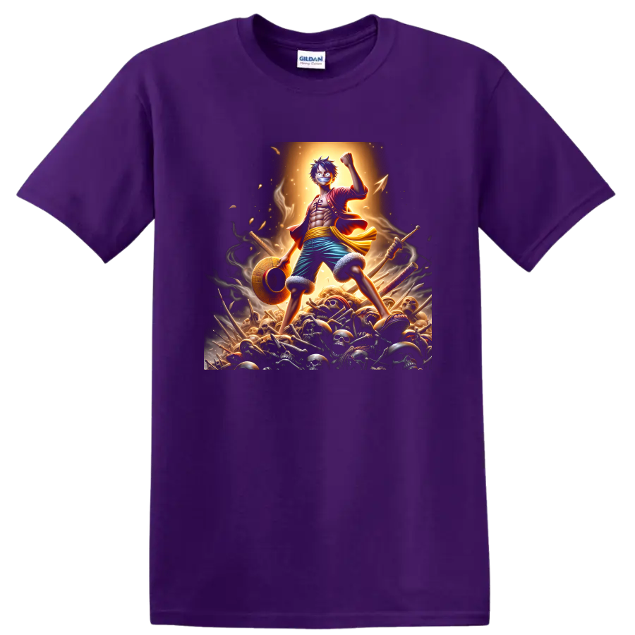 Monkey D. Luffy anime warrior graphic with raised fist, straw hat, swords, and skulls on a Purple T Shirt