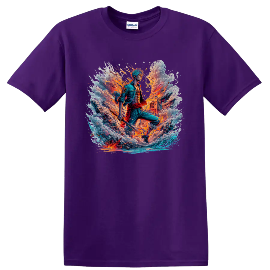 Roronoa Zoro anime swordsman amid fire, storm clouds, ocean waves, and ships on a Purple T Shirt