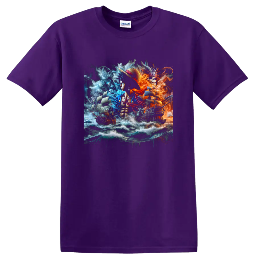 Monkey D. Luffy anime pirate art with storm waves, sailing ships, and fiery skull scene on a Purple T Shirt