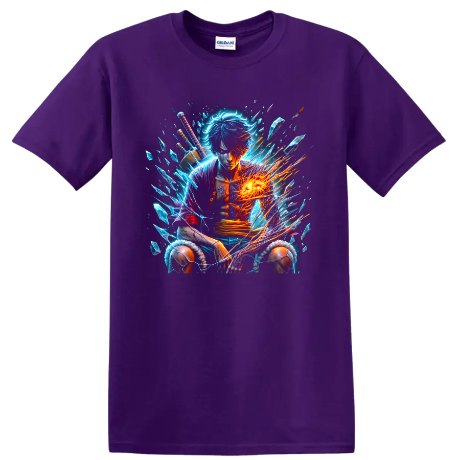 Sanji-inspired anime warrior graphic with blue crystals and blazing fire energy on a Purple T Shirt