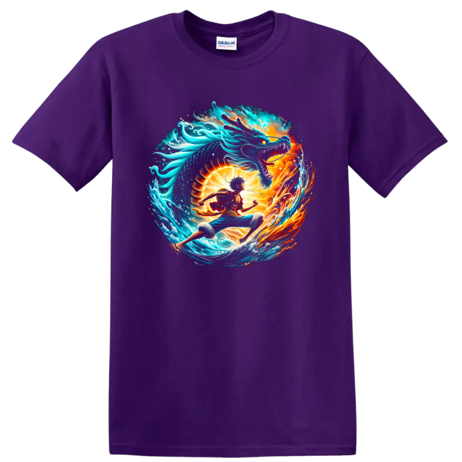 Monkey D. Luffy and Kaido dragon battle in vibrant ocean and fire anime art on a Purple T Shirt