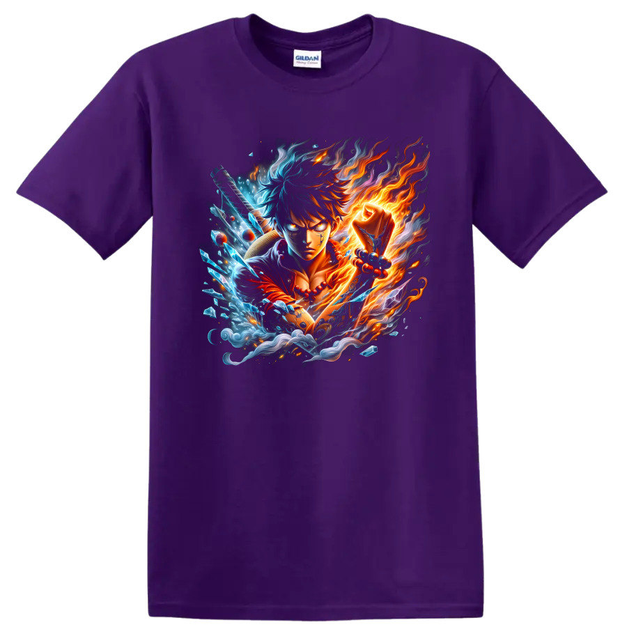 Monkey D. Luffy Gear 5 anime warrior with fiery and icy elemental action art on a Purple T Shirt