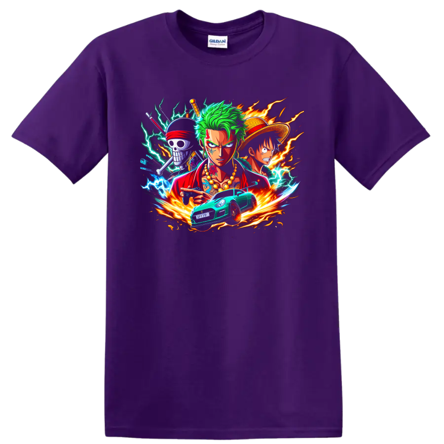 Roronoa Zoro and Monkey D. Luffy anime action graphic with lightning and race car on a Purple T Shirt