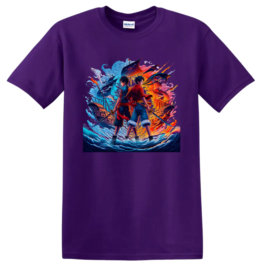 One Piece Luffy and Zoro anime-style pirate swordsmen with ships and ocean waves on a Purple T Shirt
