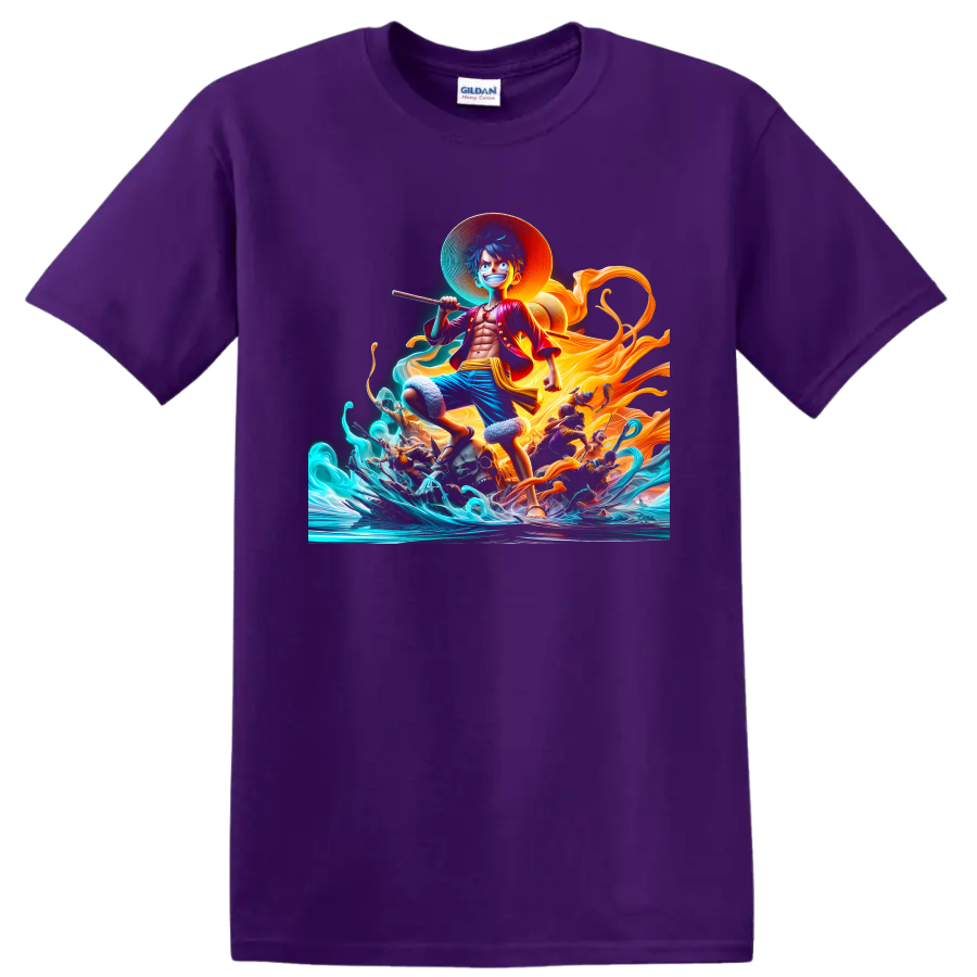 Monkey D. Luffy One Piece anime art with ocean waves and swirling golden energy on a Purple T Shirt