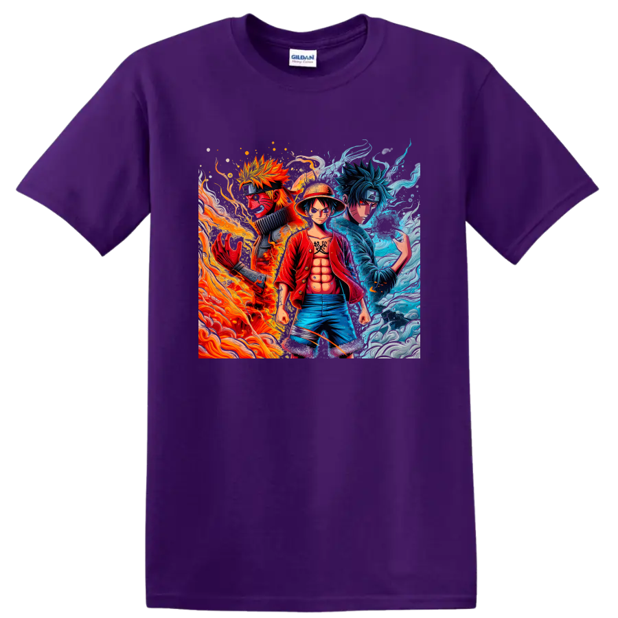 Naruto, Luffy, and Sasuke anime character art with fiery and icy energy on a Purple T Shirt