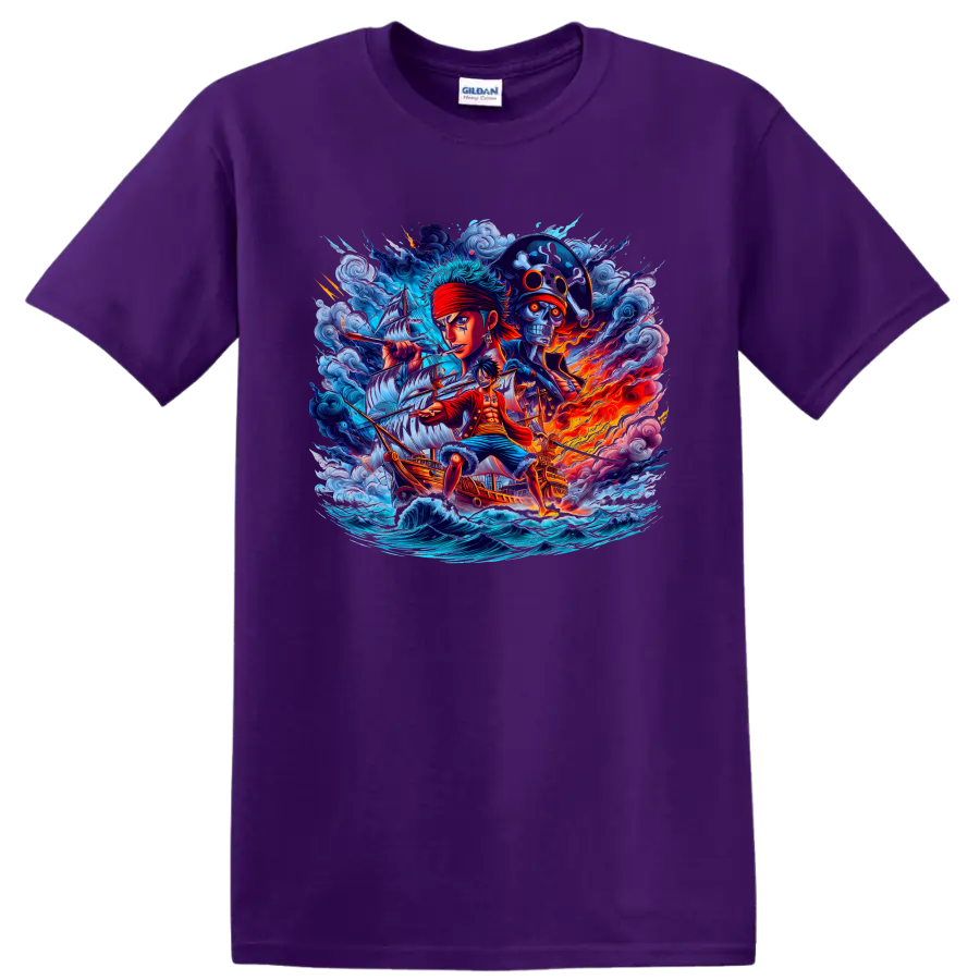 Monkey D. Luffy and Roronoa Zoro One Piece pirate adventure graphic on a Purple T Shirt