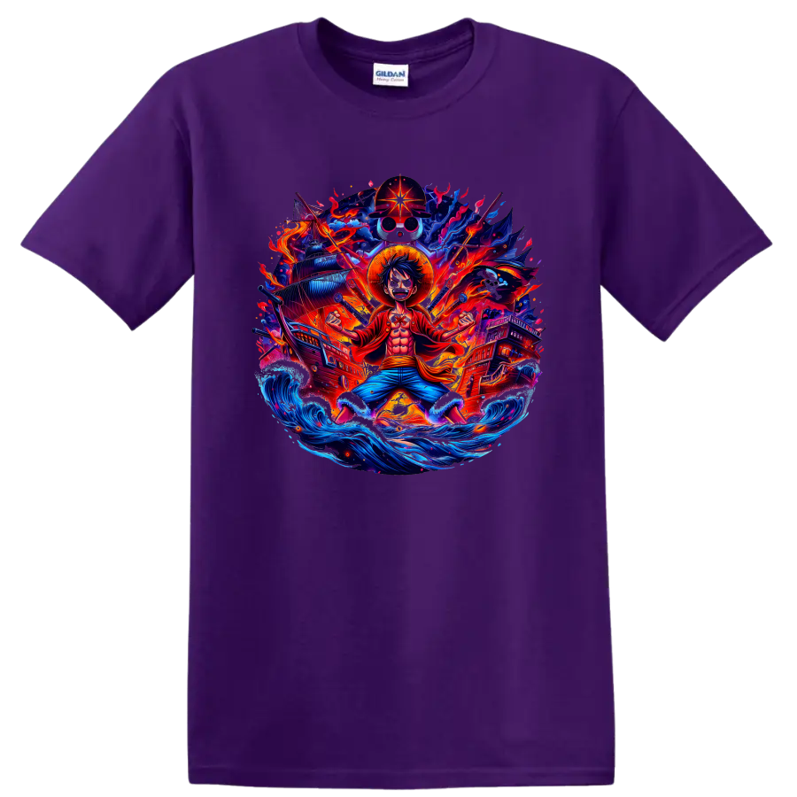 Monkey D. Luffy anime pirate graphic with ships, fiery energy, and ocean waves on a Purple T Shirt
