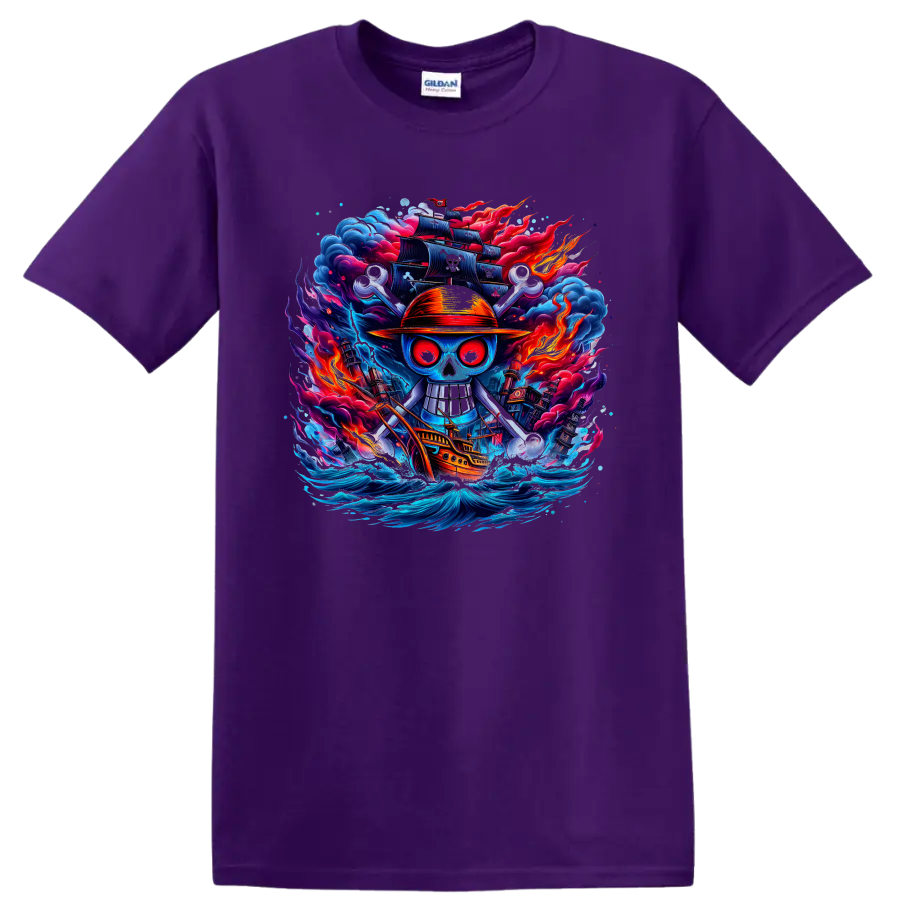 One Piece-inspired straw hat pirate skull with ship, waves, flames, and dark sails on a Purple T Shirt