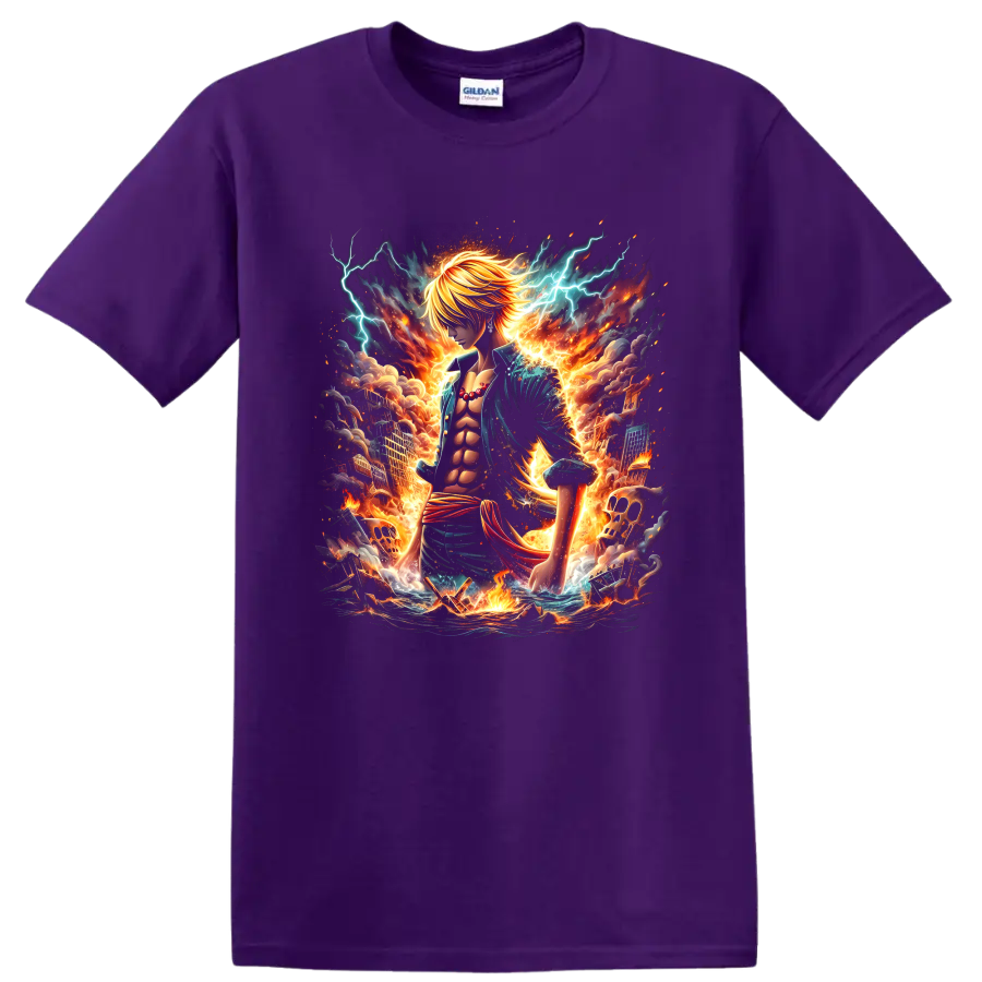 Sanji Diable Jambe anime battle graphic with blazing fire and blue lightning on a Purple T Shirt