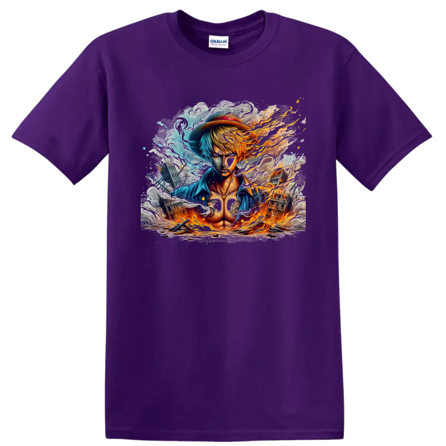 Sanji-inspired anime warrior graphic with flames, blue smoke, and ruined city on a Purple T Shirt