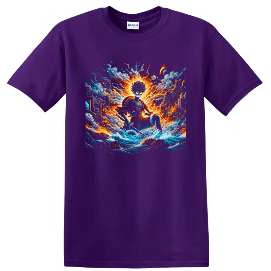 Monkey D. Luffy Gear 5 anime action art with ocean waves, fire, and storm clouds on a Purple T Shirt