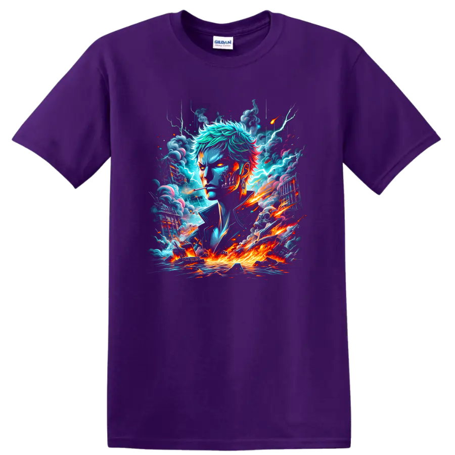 Roronoa Zoro anime swordsman portrait with lightning, storm clouds, and fiery energy on a Purple T Shirt