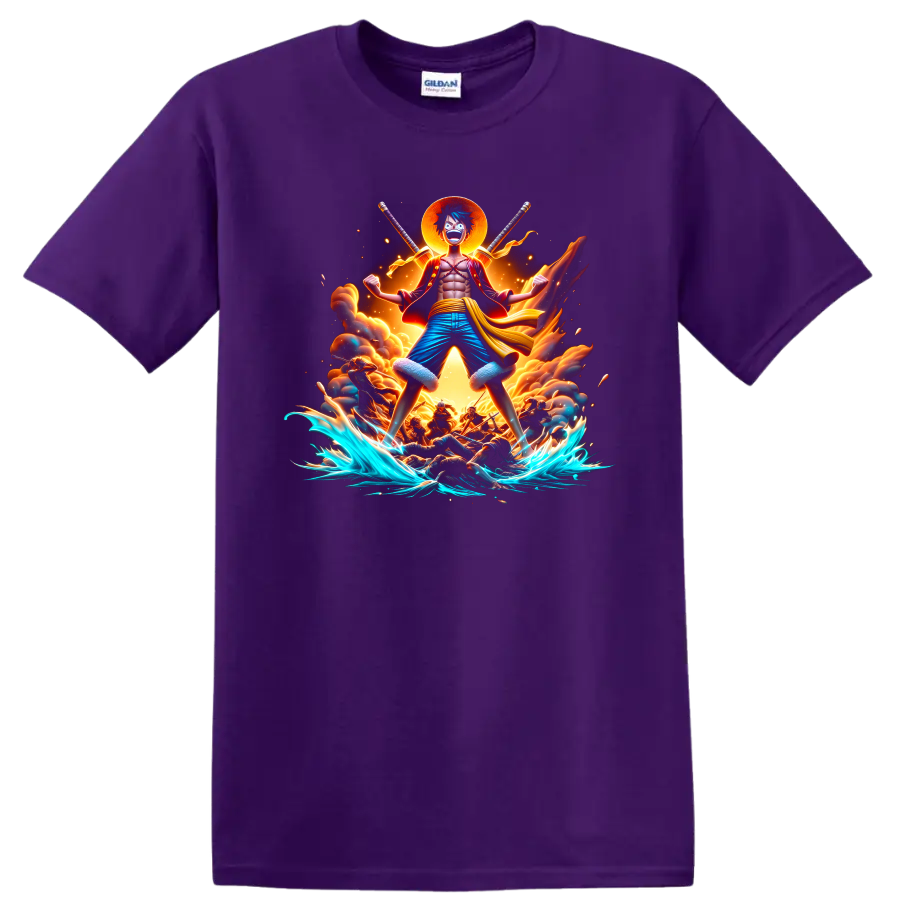 Monkey D. Luffy Gear 5-inspired anime ocean battle graphic with fire and waves on a Purple T Shirt