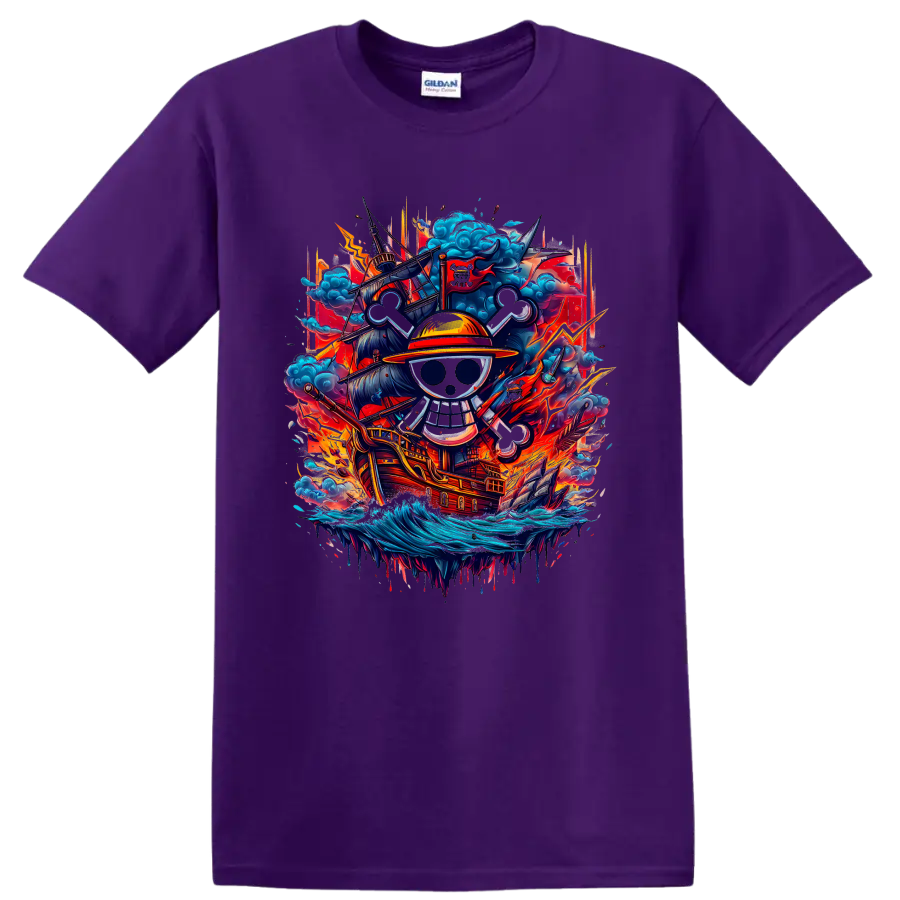 Monkey D. Luffy One Piece straw-hat skull and pirate ship anime graphic on a Purple T Shirt