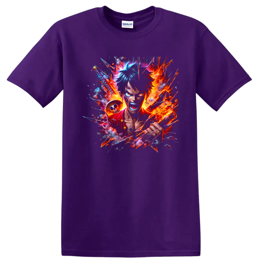 Monkey D. Luffy fiery anime battle graphic with flames, straw hat, and shattered glass on a Purple T Shirt