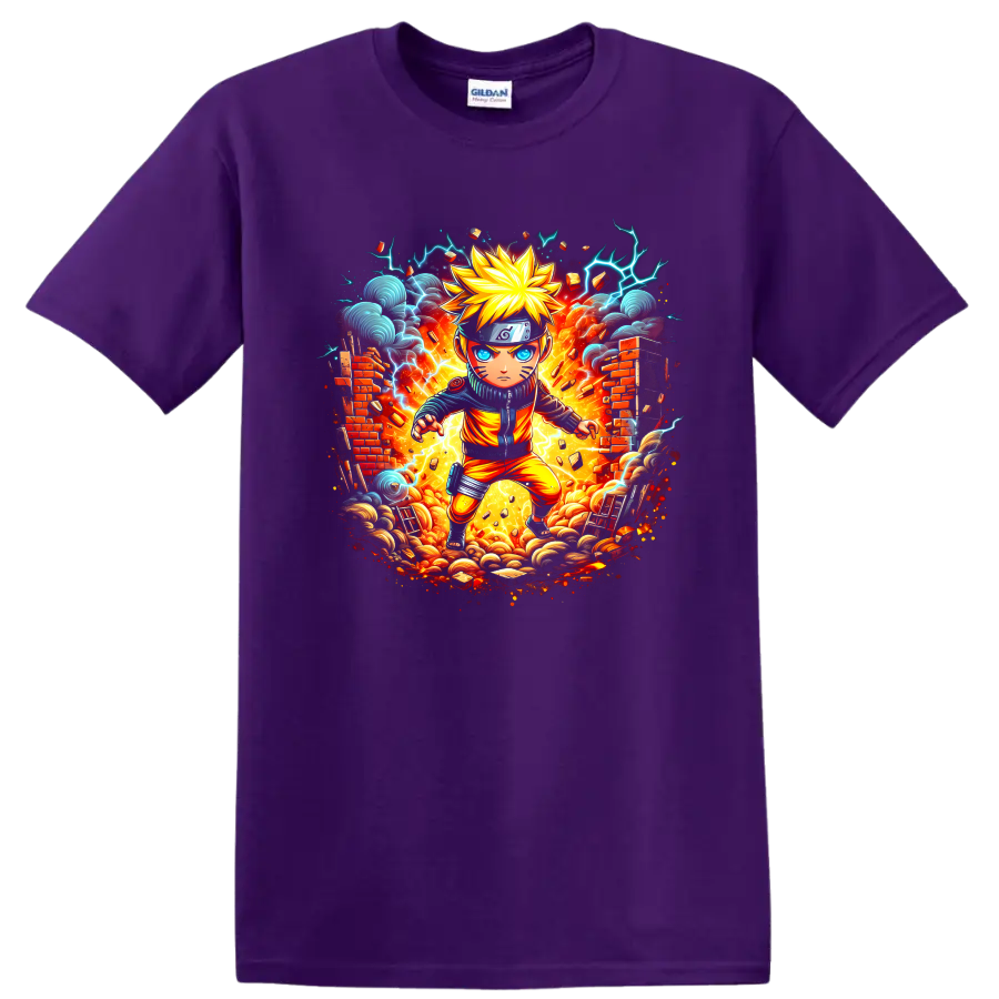 Chibi Naruto Uzumaki ninja with fireburst, lightning, storm clouds, and broken walls on a Purple T Shirt
