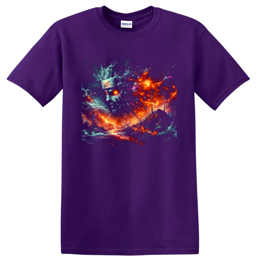 Naruto Uzumaki cybernetic ninja portrait with fiery cosmic storm artwork on a Purple T Shirt